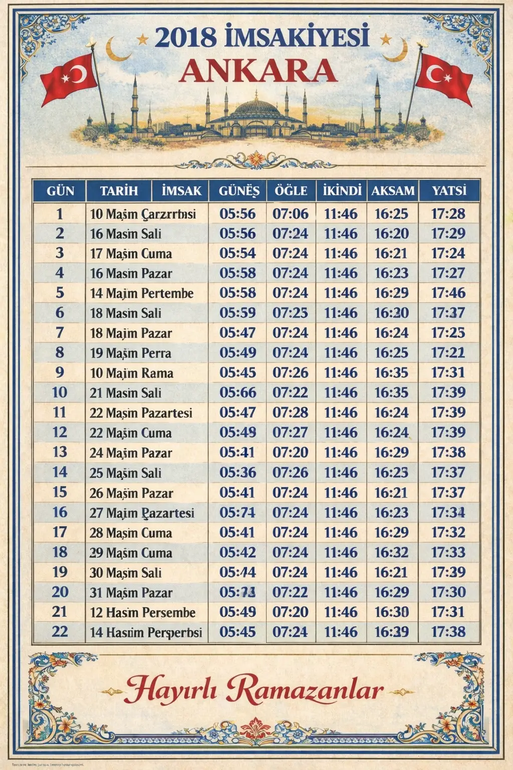2018 İmsakiye Ankara