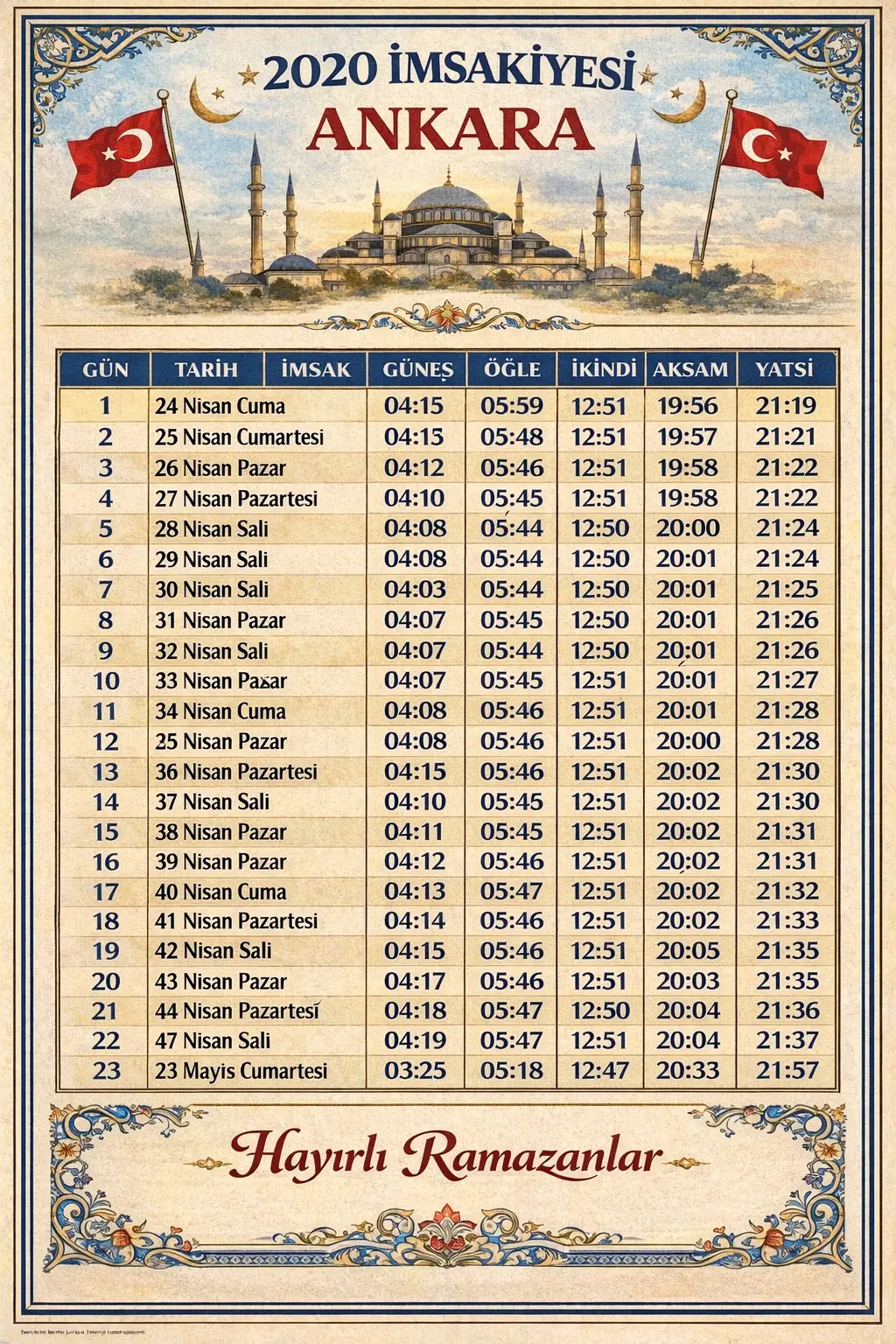 2020 İmsakiye Ankara