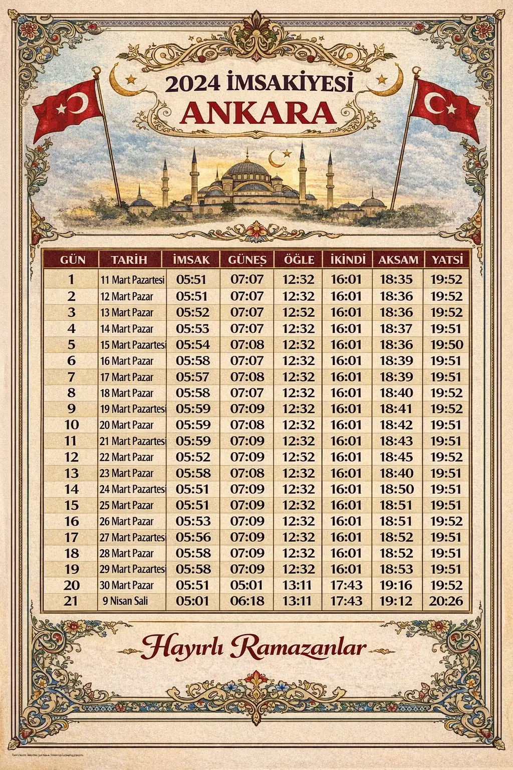 2024 İmsakiye Ankara